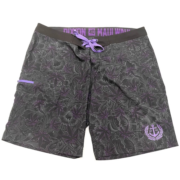 DIXXON Maui Waui Board Shorts 40 Black Purple Floral Hawaiian Swim Trunks 9" - Picture 1 of 10